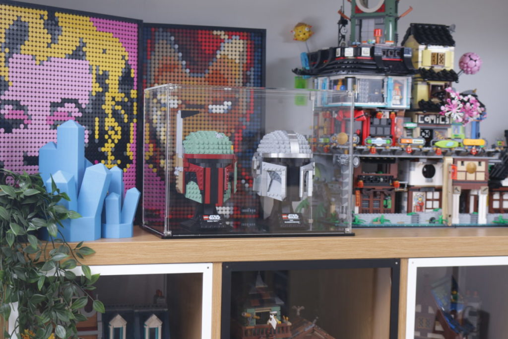 LEGO Star Wars Mandalorian Stormtrooper Scout Trooper Luke Skywalker Red Five Darth Vader Boba Fett Helmet Wicked Brick Display Case individual dual triple wall mounted 16 1024x683